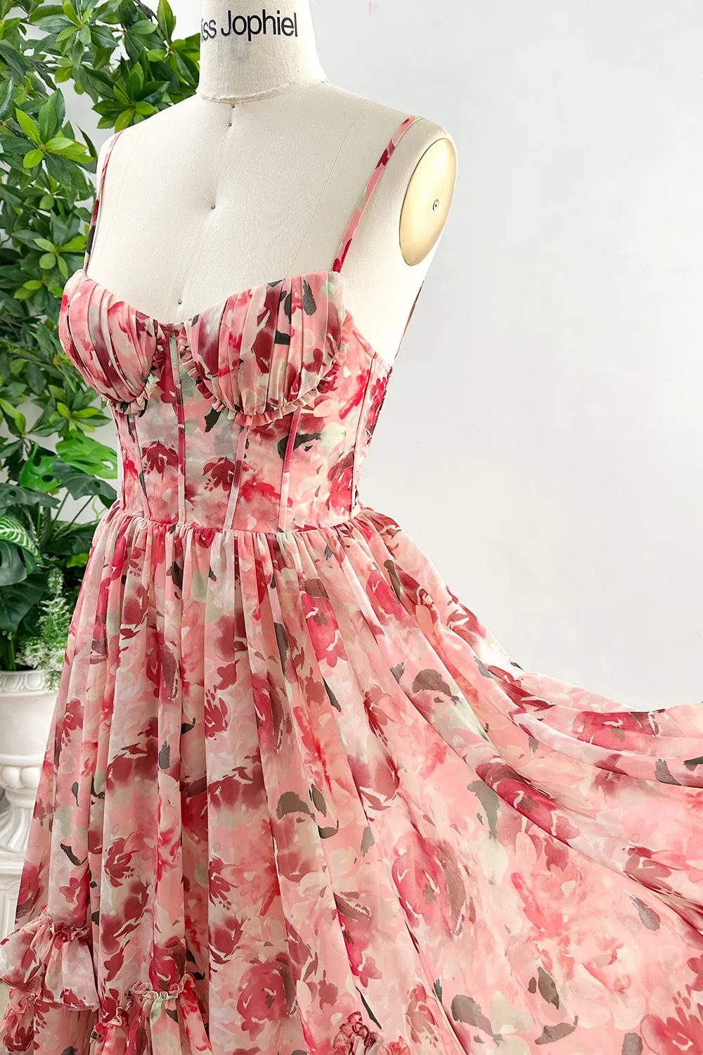 Spaghetti Straps Corset V Neck Floral Print Chiffon High Low Dress