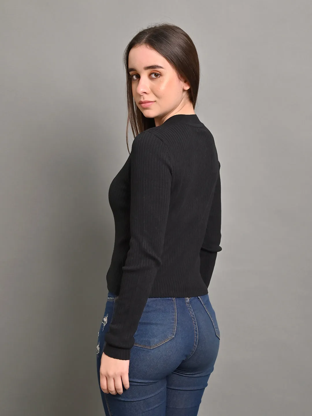 Women Black Full Sleeve Zip Sweater